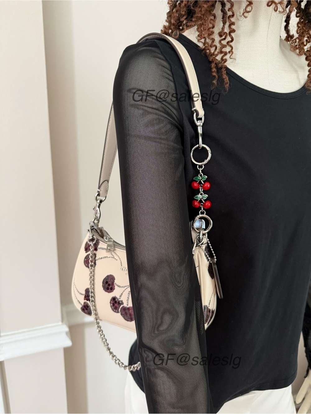 NWT Coach Mini Teri Red Cherry Print Bag Silver/Chalk With Chain Extender Set